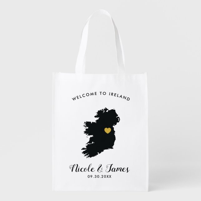 Ireland Wedding Welcome Bag, Black and Gold Grocery Bag (Front)