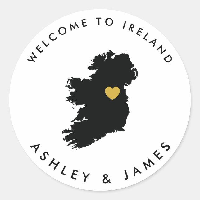 Ireland Wedding Welcome Sticker Tag, Gold Black (Front)