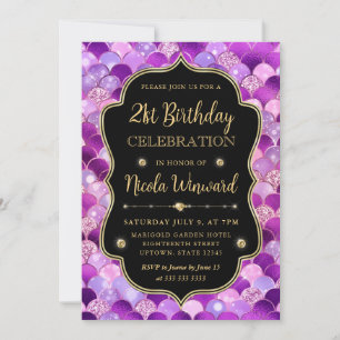 Iridescent and Gold Mermaid Scales Frame Birthday Invitation