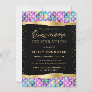Iridescent and Gold Mermaid Scales Quinceanera Invitation