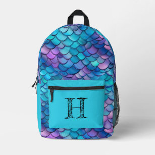 Iridescent Aqua Mermaid Monogram Printed Backpack