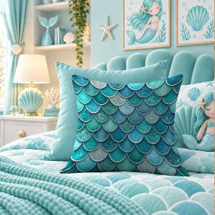 Iridescent Aqua Mermaid Scales Sparkle Throw Pillo Pillow