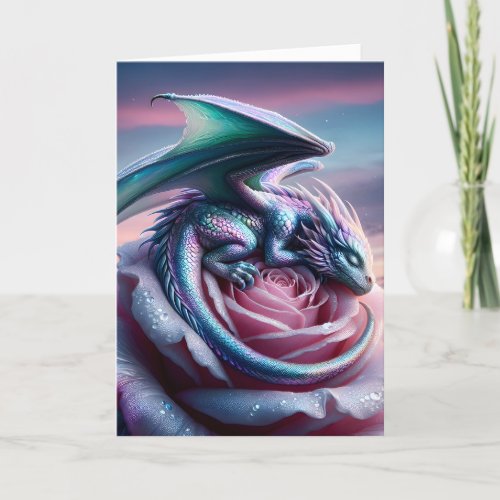 Iridescent Baby Dragon Asleep on Pink Rose Card