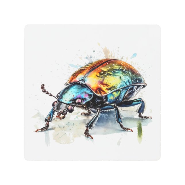 Iridescent Beetle in Watercolor Metal Print (Front)