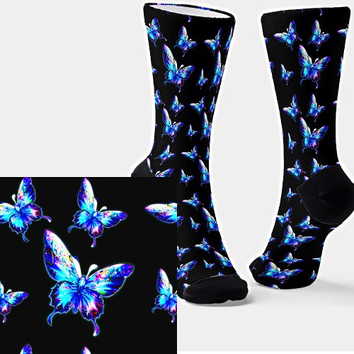 Iridescent Blue Butterflies on Black Socks