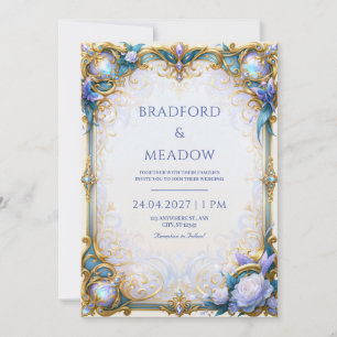 Iridescent Blue Butterfly Gilded Frame Wedding Invitation