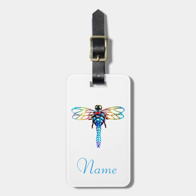 iridescent blue dragonfly luggage tag (Front Vertical)