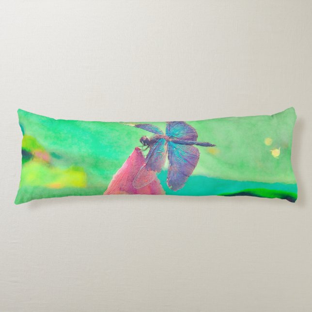 Iridescent Blue Dragonfly on Pink Waterlily Body Pillow (Front)