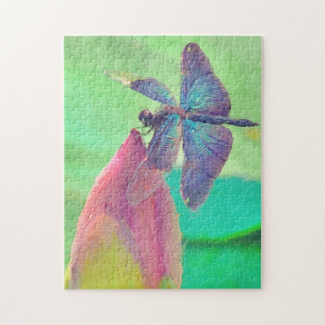 Iridescent Blue Dragonfly on Pink Waterlily Jigsaw Puzzle (Vertical)