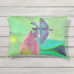 Iridescent Blue Dragonfly on Pink Waterlily Outdoor Pillow
