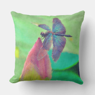 Iridescent Blue Dragonfly on Pink Waterlily Throw Pillow
