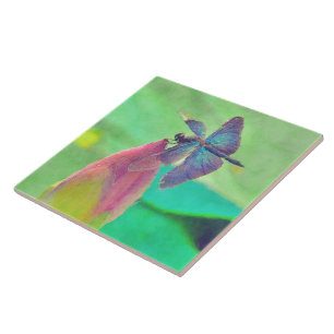 Iridescent Blue Dragonfly on Waterlily Ceramic Tile
