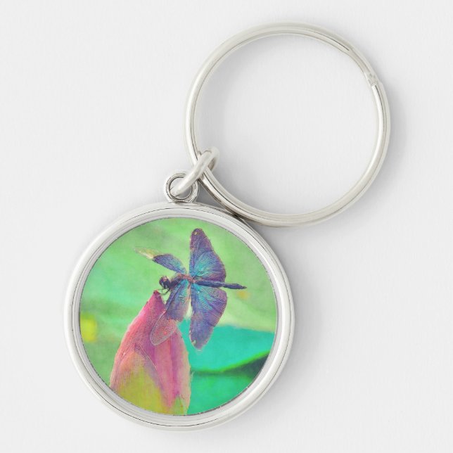 Iridescent Blue Dragonfly on Waterlily Keychain (Front)