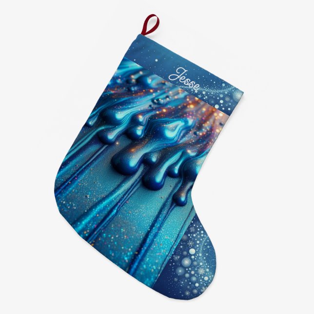 Iridescent Blue Dripping Color Personalized  Large Christmas Stocking (Front (Hanging))