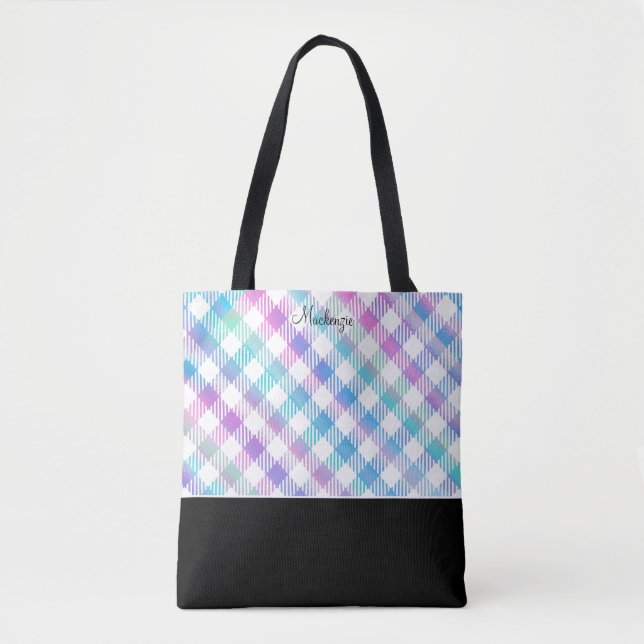 Iridescent Blue Gingham Pattern with Monogram Tote Bag (Front)