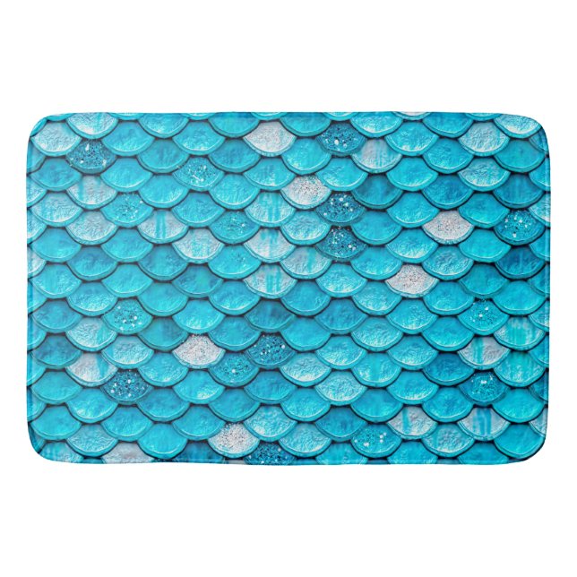 Iridescent Blue Glitter Shiny Mermaid Fish Scales Bathroom Mat (Front)