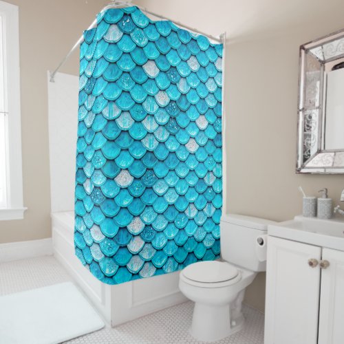 Iridescent Blue Glitter Shiny Mermaid Fish Scales Shower Curtain