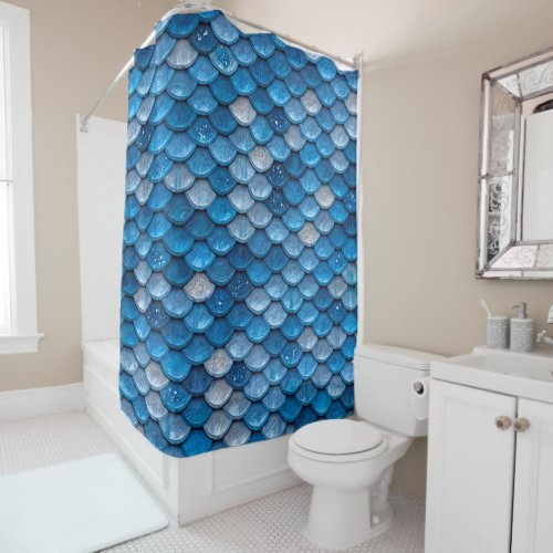 Iridescent Blue Glitter Shiny Mermaid Fish Scales Shower Curtain