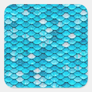 Iridescent Blue Glitter Shiny Mermaid Fish Scales Square Sticker