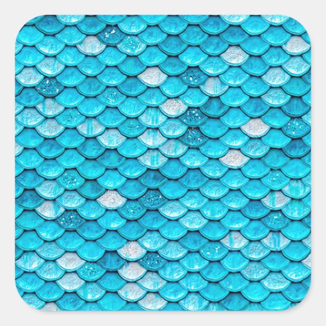 Iridescent Blue Glitter Shiny Mermaid Fish Scales Square Sticker (Front)