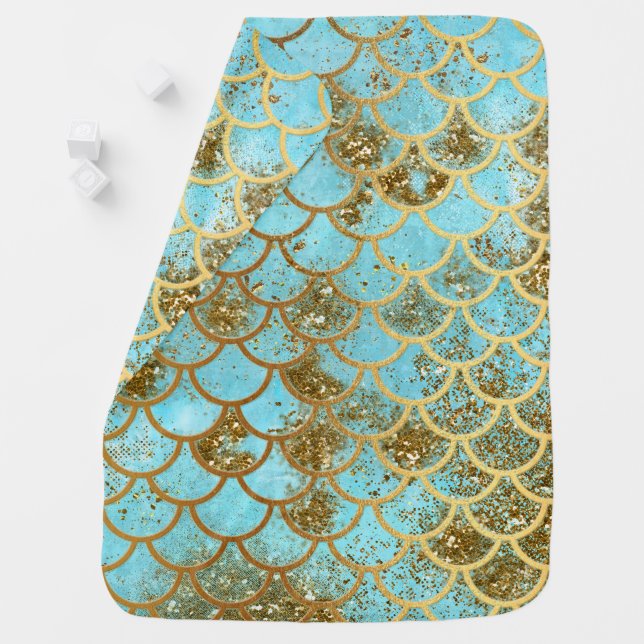 Iridescent Blue Gold Glitter Mermaid Fish Scales Baby Blanket (In Situ)