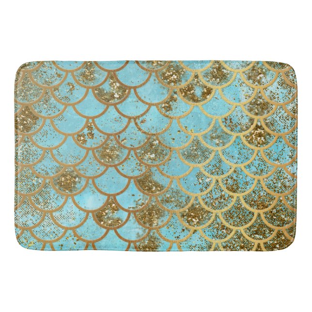 Iridescent Blue Gold Glitter Mermaid Fish Scales Bathroom Mat (Front)