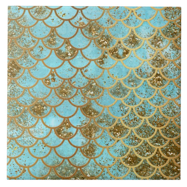 Iridescent Blue Gold Glitter Mermaid Fish Scales Ceramic Tile (Front)