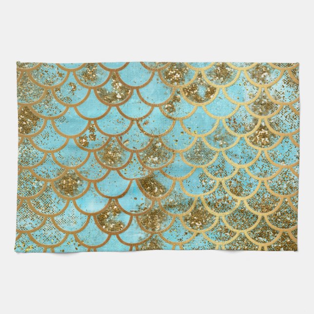 Iridescent Blue Gold Glitter Mermaid Fish Scales Kitchen Towel (Horizontal)