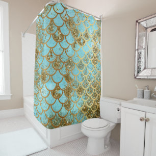 Iridescent Blue Gold Glitter Mermaid Fish Scales Shower Curtain