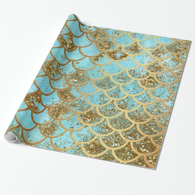 Iridescent Blue Gold Glitter Mermaid Fish Scales Wrapping Paper (Unrolled)