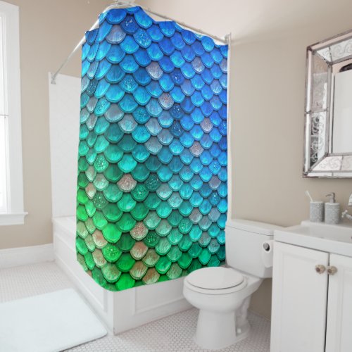 Iridescent Blue Green Glitter Mermaid Fish Scales Shower Curtain