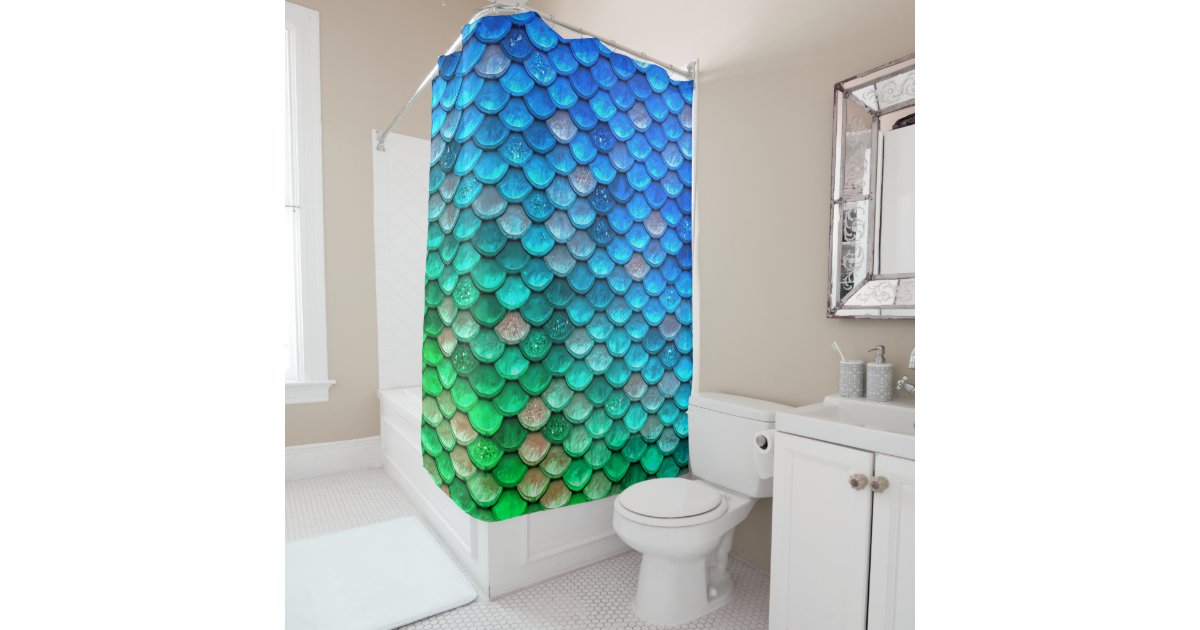 Iridescent Blue Green Glitter Mermaid Fish Scales Shower Curtain Zazzle
