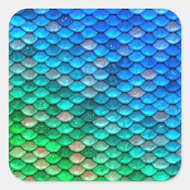 Iridescent Blue Green Glitter Mermaid Fish Scales Square Sticker | Zazzle