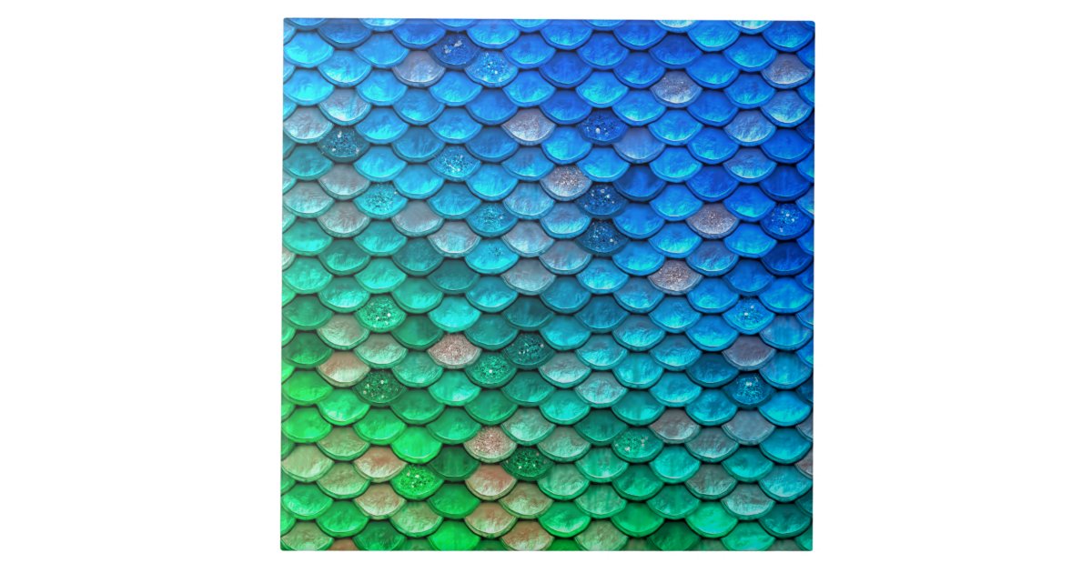 Iridescent Blue Green Glitter Mermaid Fish Scales Tile | Zazzle