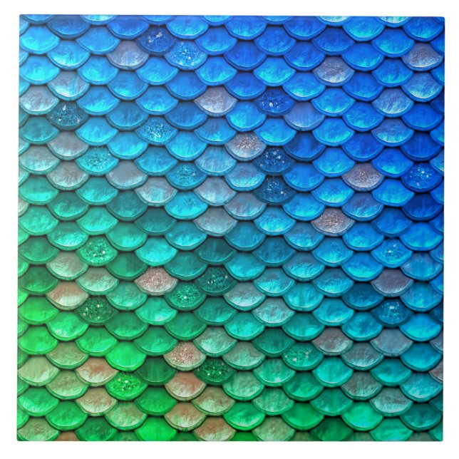 Iridescent Blue Green Glitter Mermaid Fish Scales Tile (Front)