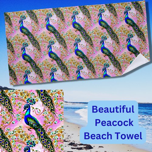  Iridescent Blue Green Peacock Gold on Pink  Beach Towel