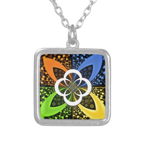 Iridescent blue green yellow Hearts Silver Plated Necklace