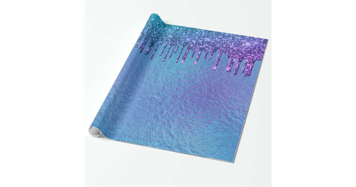 Iridescent Blue Purple Glitter Drips Pretty Wrapping Paper