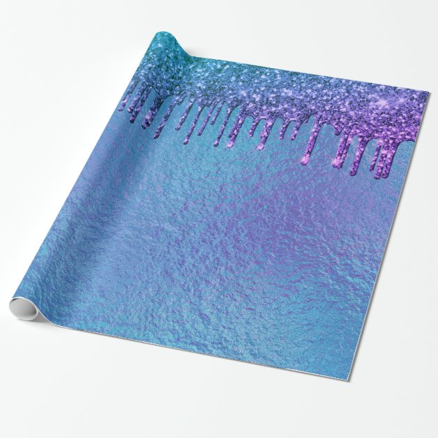 Iridescent Blue Purple Glitter Drips Pretty Wrapping Paper