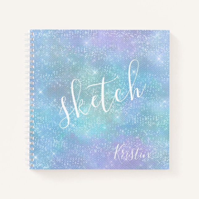 Iridescent Blue Purple Glitter Name Sketchbook Notebook (Front)
