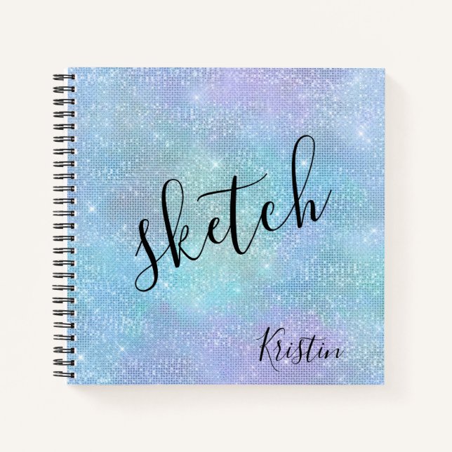 Iridescent Blue Purple Glitter Name Sketchbook Notebook (Front)