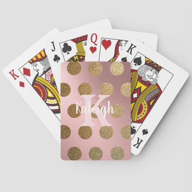 Iridescent Blush Pink Gold Polka Dots Monogram Poker Cards (Back)