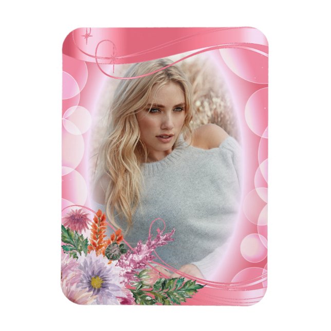 Iridescent Bokeh PInk & Pretty Flowers - DIY Photo Magnet (Vertical)