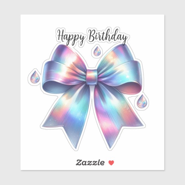 Iridescent Bow Teardrop Happy Birthday Sticker (Sheet)
