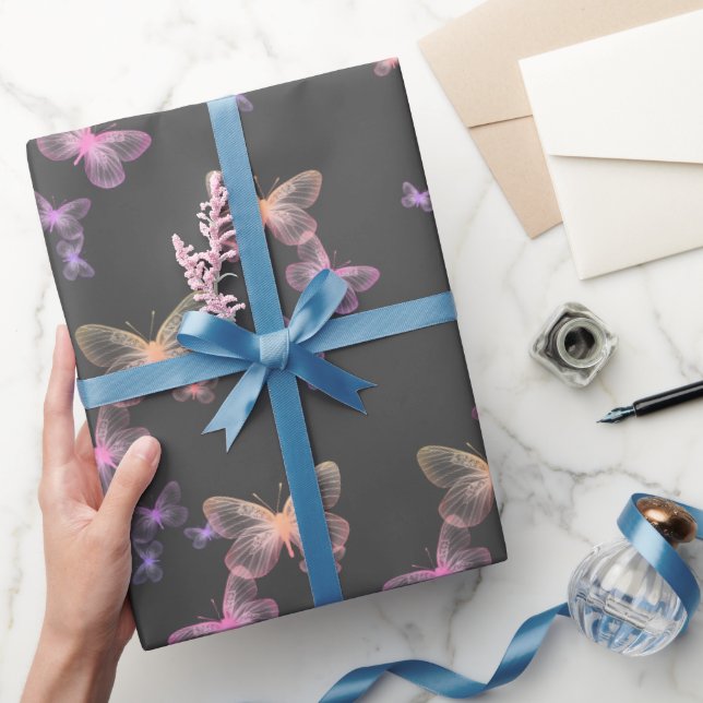 Iridescent Butterflies On Gray Wrapping Paper (Gifting)