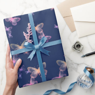Iridescent Butterflies On Navy Blue Wrapping Paper