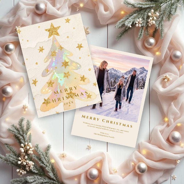 Iridescent Christmas Tree Watercolor Gold Stars Holiday Card (Iridescent Christmas Tree Watercolor Style with Gold Glitter Stars Holiday Cards with Back Photo.)