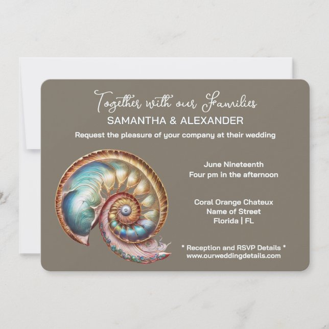 Iridescent Conch Shell Minimalist wedding Invitation (Front)