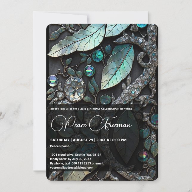 Iridescent Crystal Gemstones, Platinum,Silver,teal Invitation (Front)