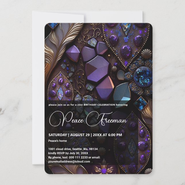 Iridescent Crystal Gemstones, Purple,Violet,Gold Invitation (Front)